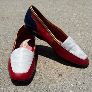 Enzo Angiolini Red White Blue Leather Colorblock Loafers Gold Trim Flats 7M
